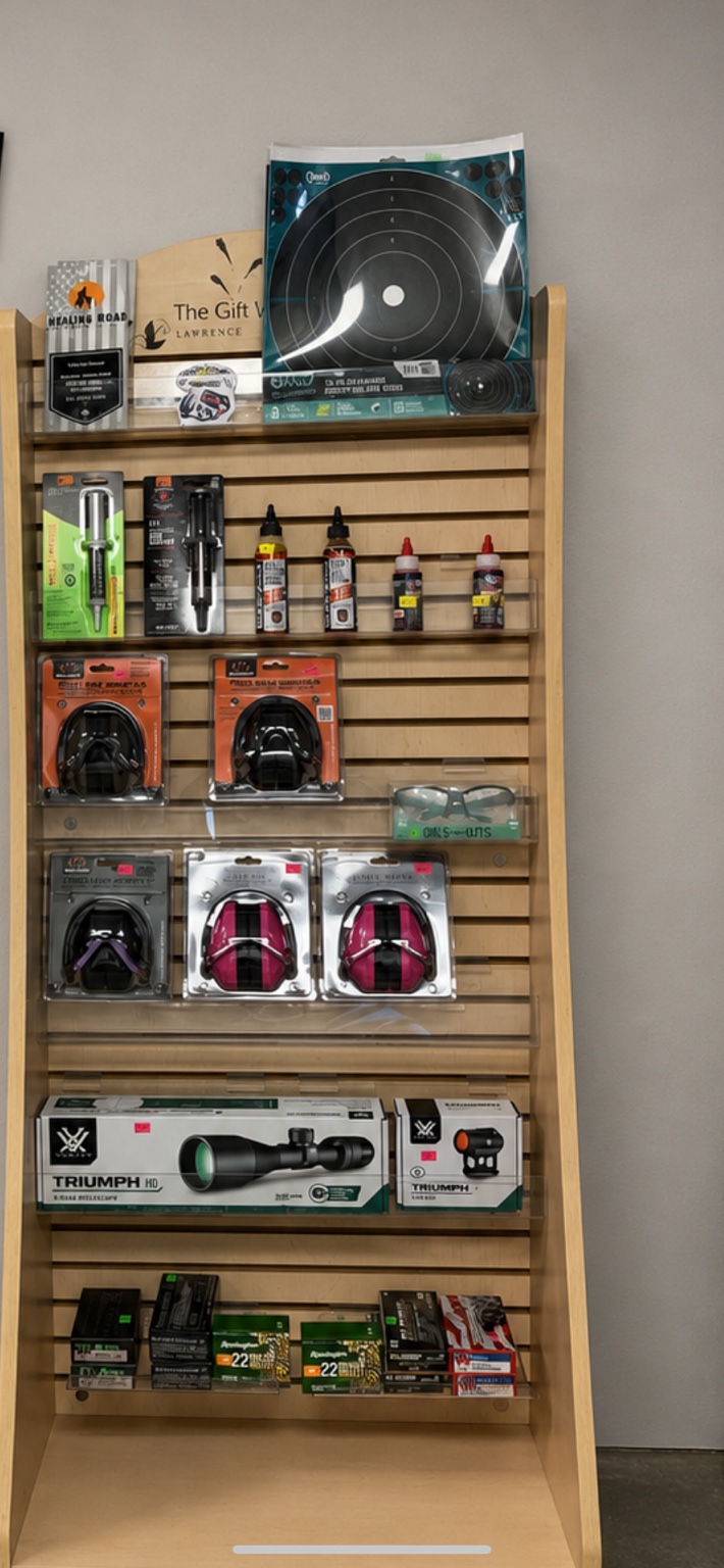 Firearm accessories, targets, hearing protection, optics, and ammo display